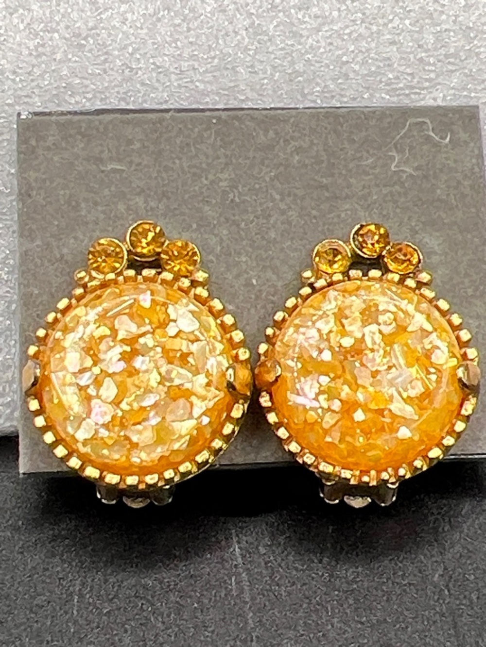 Vintage Gold Confetti Lucite and Rhinestone Earrings